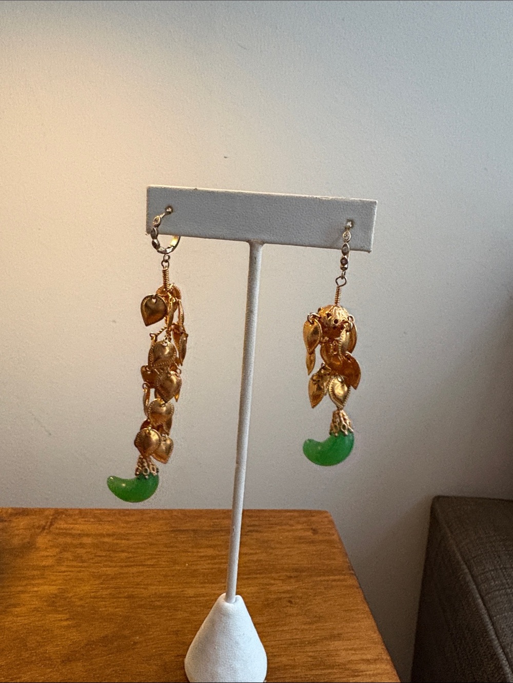 Vintage Gold Leaf Dangle Earrings with Green Accents - Women Jewelry
